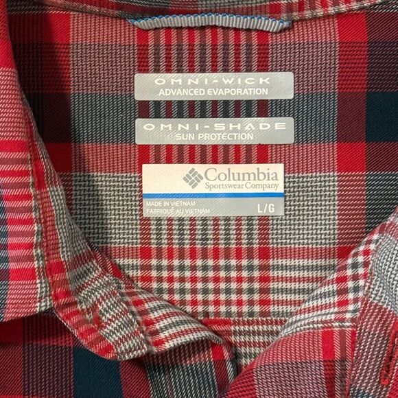 Columbia Men's Plaid Flannel Omni-Shade Zip Pocket Fishing Shirt Red Gray Sz Lrg - Picture 4 of 6